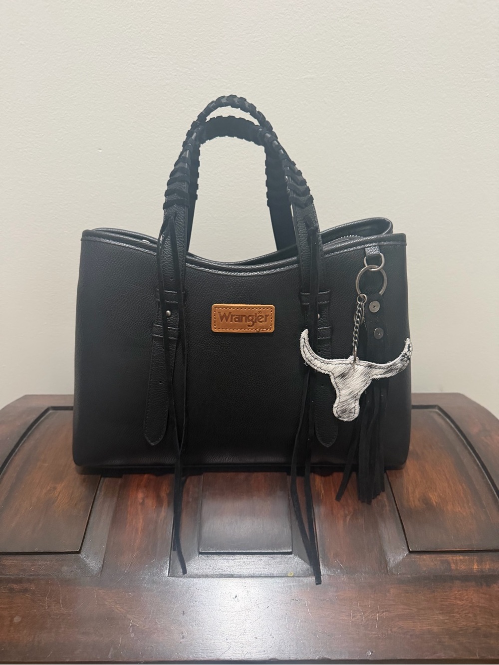 Wrangler Black Tote with Braided Handles and Charm